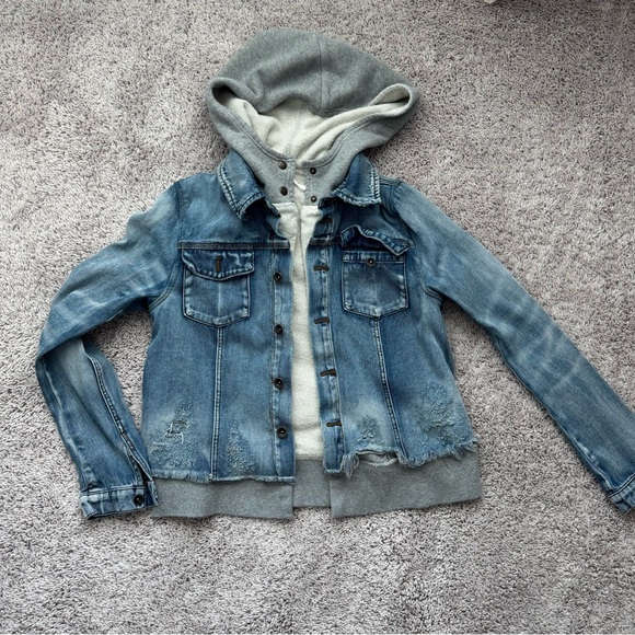 Free People distressed Denim Jacket Hoodie - Medium - Picture 2 of 6
